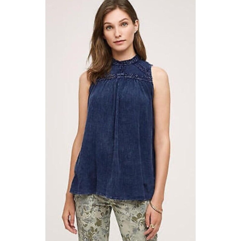 Anthropologie Eri + Ali Blue Sweetbriar Sleeveless Tank Top Blouse Size Small